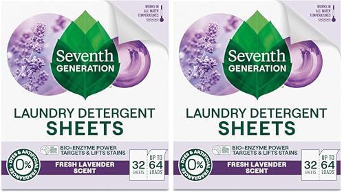 Image of Seventh Generation Laundry Detergent Sheets, Up to 64 Loads, Fresh Lavender Scent, Removes Tough Stains, 0% Dyes and Artificial Fragrances, Safer for your family, (Pack of 2)