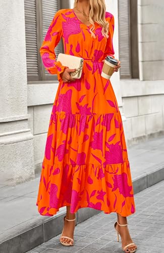 BTFBM Women Fall Dresses 2025 Casual Long Sleeve V Neck Maxi Dresses Floral Boho Long Dress Wedding Guest Dress