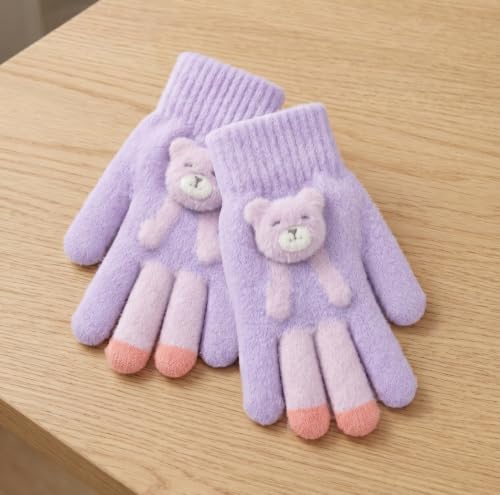 Image of Kids Winter Woolen Hand Gloves for Girls (Age 8-12 Years) | Soft Warm Knitted Gloves | Cute Teddy Bear Design | Cold Weather Gloves | Pack of 2 Pairs