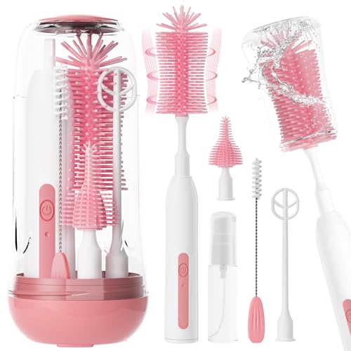 Electric Bottle Brush Cleaner Rechargeable Baby Bottle Cleaning kit with Formula Mixer Silicone Nipple&Straw Brush Soap Dispenser Drying Rack-IPX7 Waterproof Long Battery Life for Home & Travel