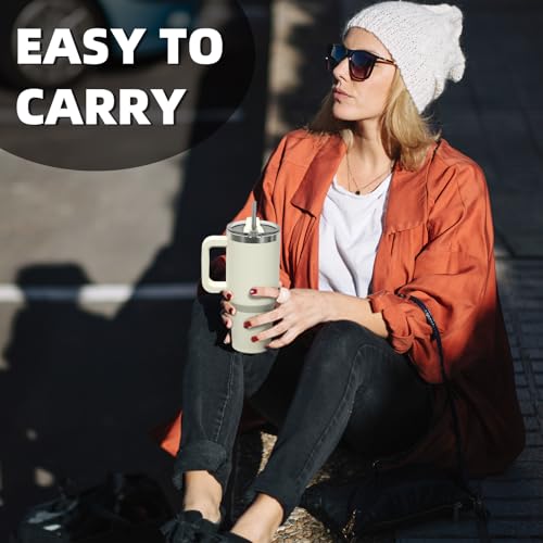 Image of 30 oz Tumbler with Handle,Tumbler with Lid and Straw,Double Wall Insulated Cup Stainless Steel Travel Mug(Cold for 34 Hours),Water Bottle for Iced Tea,Coffee,Cold Beverages(Cream White)