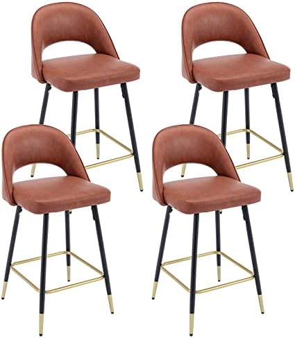 DUOMAY Mid Century Modern Bar Stools Set of 4, 26" Counter Height Barstools with Open Back, PU Leather Armless Kitchen Island Chair with Black Metal Legs for Dining Room Bar Coffee Shop, Brown
