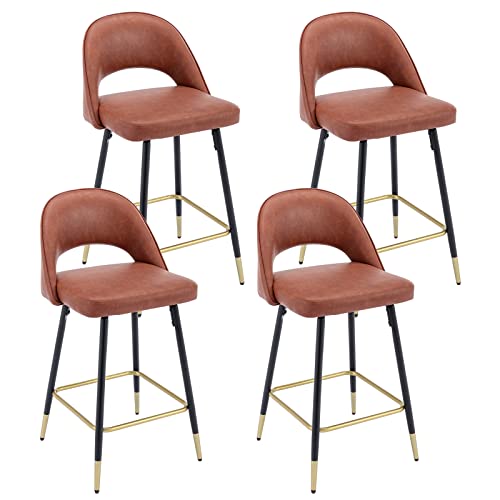 Duomay Mid Century Modern Bar Stools Set Of 4, 26" Counter Height Barstools With Open Back, Pu Leather Armless Kitchen Island Chair With Black Metal Legs For Dining Room Bar Coffee Shop, Brown #TOP26