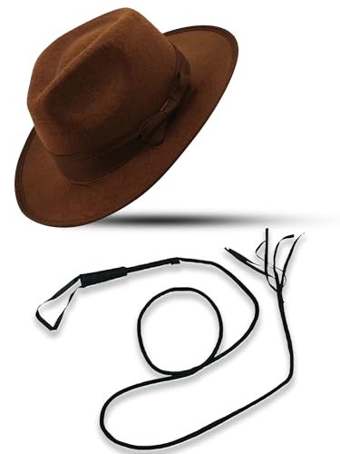 Indiana Jones Style Brown Explorer Hat and Bull Whip Fancy Dress Accessories (Mega_Jumble)