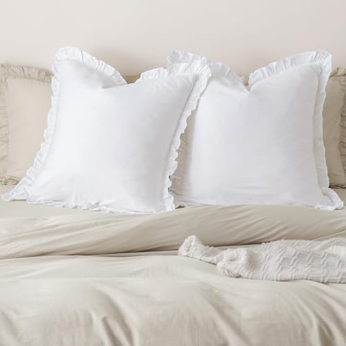 PHF 100% Washed Cotton Euro Shams with Ruffle 2 Pack 26 x 26 Cotton Euro Sham Pillow Covers No Insert Ultra Soft Decorative Farmhouse Bedding for Bed Sofa White