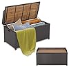 Tangkula 45 Gallon Outdoor Storage Bench Mix Brown Rattan Storage Container with Zippered Liner Acacia Wood Top Lid Sturdy Gas Strut Support 3 in 1 Multifunctional Deck Box for Front Porch Garden