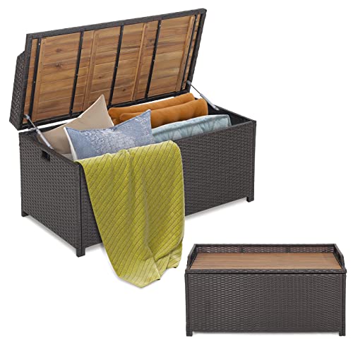 Tangkula-45-Gallon-Outdoor-Storage-Bench-Mix-Brown-Rattan-Storage-Container-with-Zippered-Liner-Acacia-Wood-Top-Lid-Sturdy-Gas-Strut-Support-3-in-1-Multifunctional-Deck-Box-for-Front-Porch-Garden Tangkula 45 Gallon Outdoor Storage Bench Mix Brown Rattan Storage Container with Zippered Liner Acacia Wood Top Lid Sturdy Gas Strut Support 3 in 1 Multifunctional Deck Box for Front Porch Garden