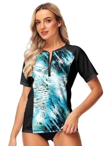 Image of AOBUTE Women Zip Rash Guard UPF 50+ Gradient Short Sleeve Swim Top Surf Shirts