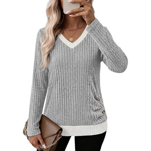 Womens Fall Sweaters V Neck Ribbed Knit Thermal Button Side Shirt - image 4