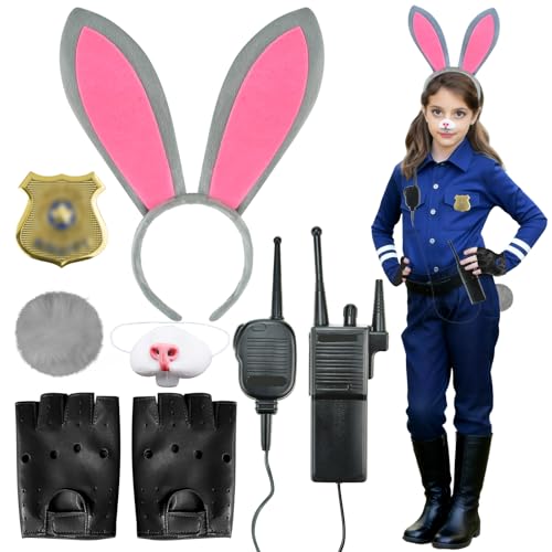Abitoncc 6PCS Bunny Officer Costume Set Rabbit Ears Headband, Badge, Rabbit Tail, Gloves, for Movie Fans Bunny Cosplay Costume Accessories, Halloween, Birthday, School Parade World Book Day Girls