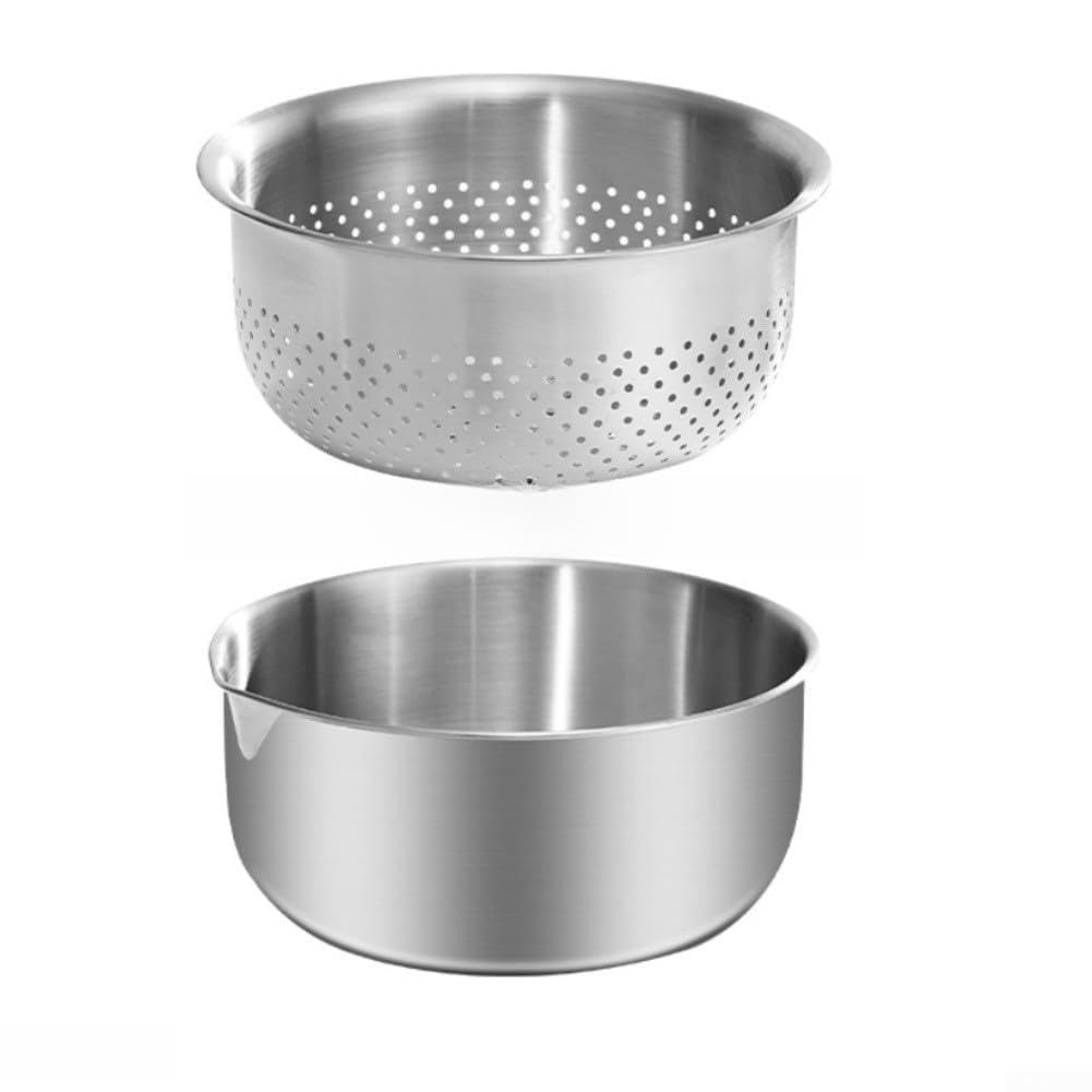 Juego de colador de acero inoxidable, 2 piezas de colador de frutas y verduras con cuenco medidor, cesta de drenaje de pasta para uso en cocina y campamento (M)