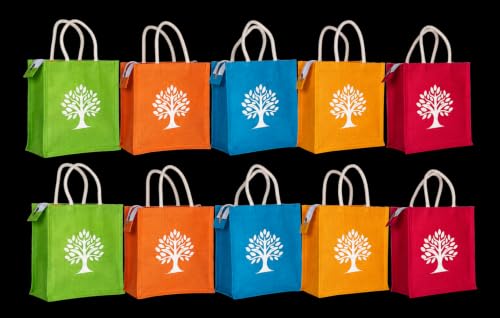 Image of Soman Jute Ecofriendly Return Gift Bags Divine Tree Printed Multicolor bags with Zip Pack of 10 Bags