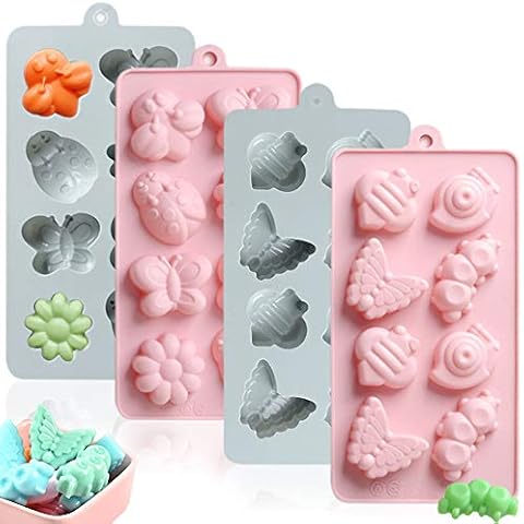4pcs Silicone Chocolate Molds, PUDSIRN Non-Stick Insects Chocolate Candy Baking Molds Soap Molds, Reusable Jelly Gummy Molds Ice Cube Tray-Pink, Blue Cover