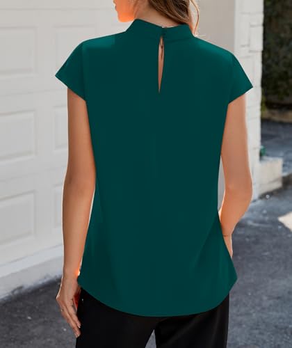 Image of Funlingo Womens Summer Tops Mock Neck Short Cap Sleeve Blouses Business Casual Work Chiffon Shirts Front Pleated Tunic Top