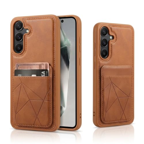 Image of amazon basics Premium Vegan Leather Back Cover with Card Holder and Integrated Mobile Stand for Samsung Galaxy S25FE 5G - Slim Shockproof Wallet Case with Geometric Stitching [Tan]