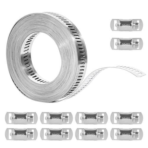 Abrazaderas de Manguera de Acero Inoxidable 304, 4 Metros Abrazaderas Metalicas para Tubos, Abrazadera de Metal Perforado Ajustables para Tuberías de Agua Gas Automoción, con 10 Sujetadores