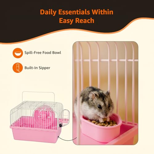 Image of Amazon Basics Hamster, Gerbil, Guinea Pig Cage and Playhouse | Pink | Spacious for Small Pets|Plastic | Double Story with Slide, Exercise Wheel and Feeding Bottle | LxWxH- 23x 17x 25 Cm