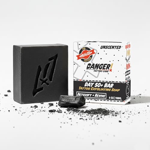 Banger Day 50+ Bar Tattoo Exfoliating Soap & Scrub Alternative | Brightens Healed Faded Ink | Vegan Activated Charcoal Exfoliator | No Oily Residue