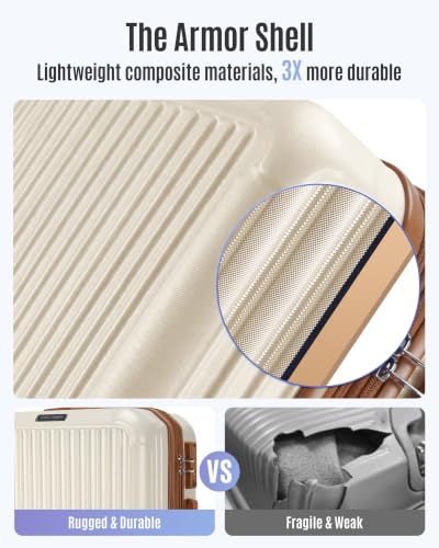 Image of LIGHT FLIGHT Carry On Luggage 22x14x9 Airline Approved, Beige and Brown | Airline Approved, Durable Hard Shell with Wheels, Expandable Hardside, Lightweight, TSA Lock