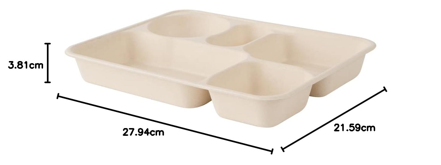 Restaurantware Pulp Tek - Recipientes de 1,219.0 g para llevar, 100 recipientes sostenibles, tapas se venden por separado, 5 compartimentos, platos de bagazo hechos de fibras de caña de azúcar, aptos