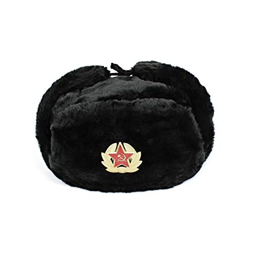 Heka Naturals Sombrero Ushanka de Piel Sintética Negro con Orejeras e Insignia Soviética Extraíble, Sombrero de Invierno, Gran Regalo de la URSS