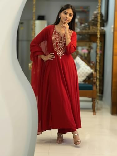 Image of ANNI Designer Women Viscose Embroidered Anarkali Kurta with Palazzo and Dupatta | Ladies Kurta Palazzo Dupatta Set | Ethnic Wear Indian Traditional Clothing for Women