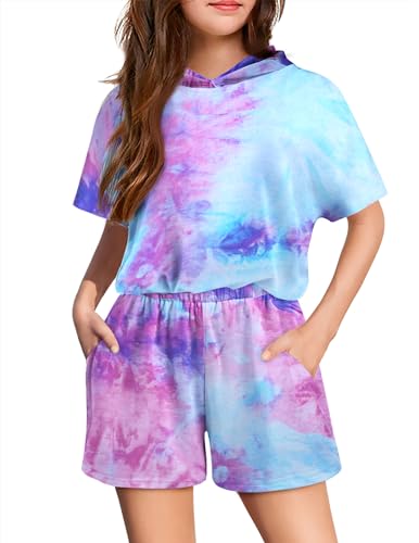 Image of Girls Summer Outfits Kids Hooded-Shirts Elastic Waist Shorts with Pockets | short sleeve drop shoulder hooded shirt and shorts with two pockets tie dye leopard letter print