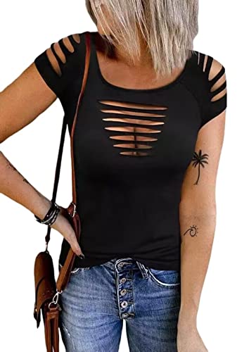 Cut Out Hollow Out T Shirt Womens Cold Shoulder Lacerated Sleeve Shirt Summer Solid Round Neck Slim Shirt Tops