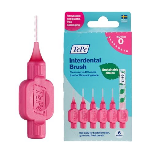TePe Interdental Brush Original, Soft Dental Brush for Teeth Cleaning, Pack of 6, 0.40 mm, Extra-Small/Small Gaps, Pink, Size 0