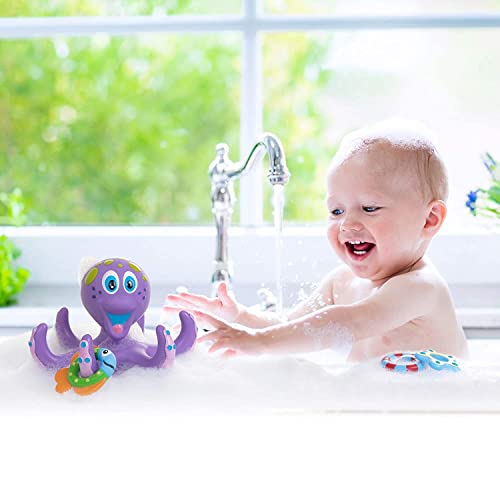 Nuby Floating Purple Octopus With 3 Hoopla Rings Interactive Bath Toy Bath Fun Time Book With Water-Proof Pages And Surprise Squeaker, Early Education, 0 M+ #TOP3