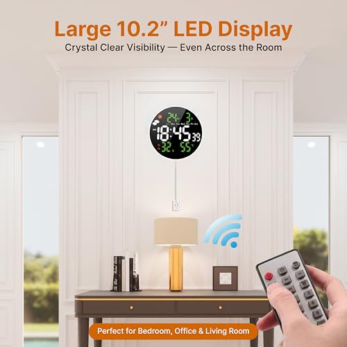 Image of 10.2 inch Large LED Digital Wall Clock with Remote Control, Auto Dimming, Temperature & Humidity Display, 12 /24H, Desktop & Wall Mounted, Cable Operated, Digital Clock for Home, Office & Bedroom.