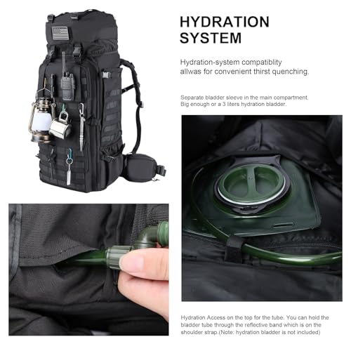 Zsearaymy Sac à dos de randonnée MOLLE 75 L avec cadre interne et housse de pluie pour tactique, camping, randonnée, voyage de survie (noir) – Image 6