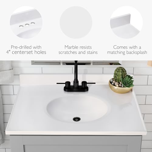Image of Design House Vanity Top Sink, Cultured Marble, 3 Predrilled Centerset, 4 in Backsplash, Stain-Resistant, Easy-To-Clean, Solid White, 31 in W x 19 in D x 10.6 in H, 586198