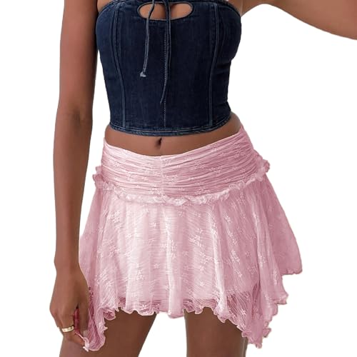 Lace Mini Skirts for Women Y2k Girls Low Rise Ruffle Hem Asymmetrical Layered Short Skirt Flowy Fairy Party Skirt