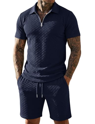 URRU Mens Textured Polo Shirt and Shorts Sets Outfits 2 Piece Summer Tracksuits Casual Quarter Zip Golf Polo Shirts