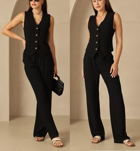 Women's Linen 2 Piece Outfits Summer Vest Suit Sets Wide Leg Pants Business Casual Vacation Work Sets4