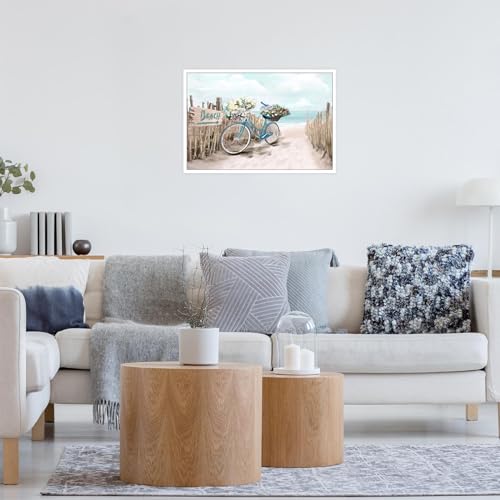 YNHQNGO Beach Canvas Wall Art for Bathroom Ocean Pictures Seaside Bicycle Canvas Print Seascape Painting Framed Teal Aqua Blue Calming Shoreside Artwork for Modern Coastal Themed Lake Home Bedroom - Image 3