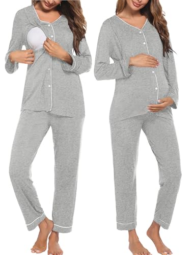 Image of Ekouaer Maternity Pajama Set Button Down Nursing Pajamas Long Sleeve Breastfeeding Loungewear with Adjustable Pants
