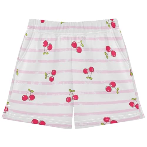pnyoin Girl's Shorts Cute Cherry Stripes Athletic Running Shorts with Pockets Size 9-10t