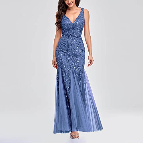 Women\'s Elegant Sleeveless V-Neck Embroidered Maxi Evening Dresses Sexy Trendy Mesh Patchwork Long Party Formal Gowns Light Blue