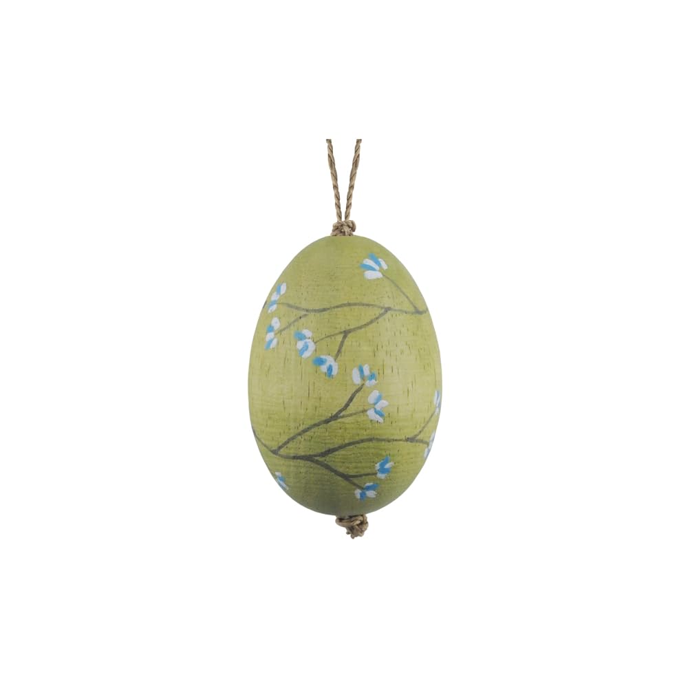 East of India Blossom Painted on Egg - Moss Green Easter Decoraton Wooden Ornament