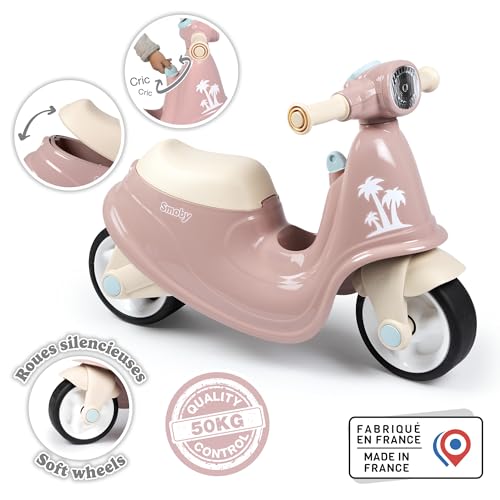 Smoby - Porteur Scooter Rose - Design Réaliste - Clé Mécanique, Phare Avant - Roues Silencieuses - Coffre à Jouets - Dès 18 Mois