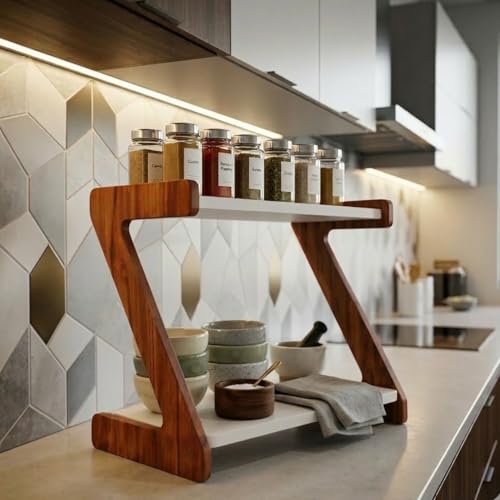 Image of Kitchen Organizer Rack - Multi-Purpose Kitchen Stand for Countertop & Cabinet Storage | Heavy-Duty Kitchen Rack Organizer for Spices, Utensils, Dishes & Pantry Items (2 Tier Z shape Rack)