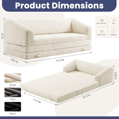 Image of JUIKURY Convertible Sofa Bed, 3-in-1 Foldable Loveseat Couch with Armrest, Corduroy Floor Sofa & Sleeper Bed, No Assembly High-Density Foam Futon Mattress for Living Room, Small Apartment, Dorm
