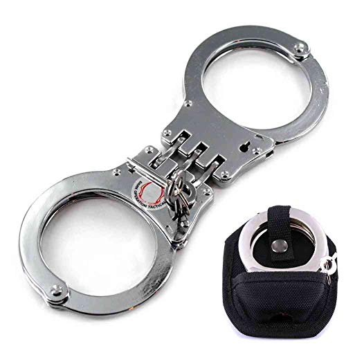 Ace Martial Arts Supply Professional Heavy Duty Silver Hinged Police Style Handcuffs Double Lock with Duty Handcuff Nylon Case Holster