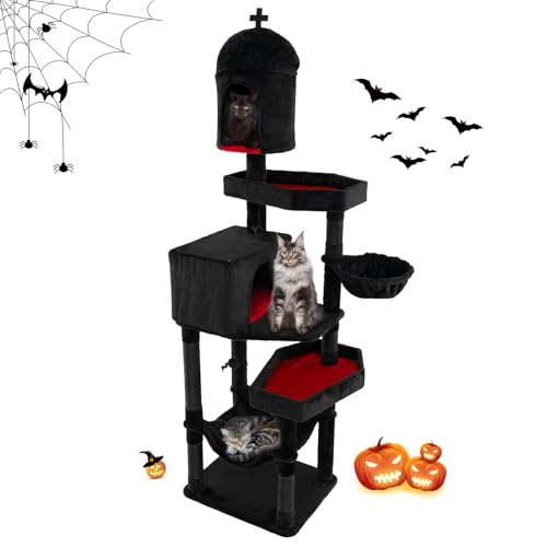 Tangkula Gothic Cat Tree, 83 Inch Tall Cat Tower with Sisal Covered Scratching Posts, 2 Coffin Beds, 2 Cat Condos, Hammock, Basket Bed, Halloween Pet Furniture, Black Goth Cat Tree for Indoor Cats