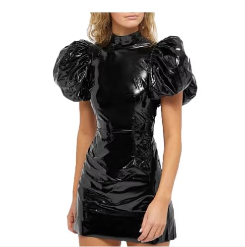 Robe de soirée moulante à manches courtes en cuir PVC effet mouillé pour femme