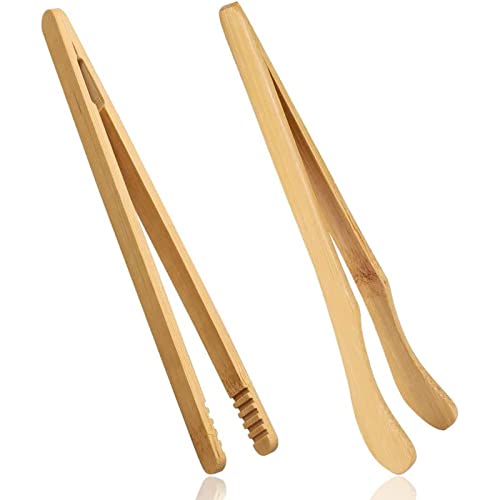 2 pcs Bamboo Toaster Tongs, 18 cm/7 inch Wooden Tongs Reusable Bamboo Kitchen Tongs for Cheese Bread Tea