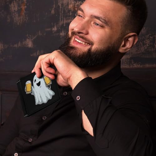 Cute Ghost Holding Beer Bi-fold Wallet for Men Women Print PU Leather Slim Cash Card Holder4