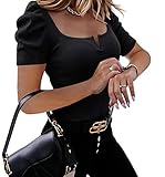 Valphsio Womens Puff Short Sleeve Top Square Neck Elegant Ribbed Knit T Shirt Summer Cute Slim Fit Tee Blouse Black